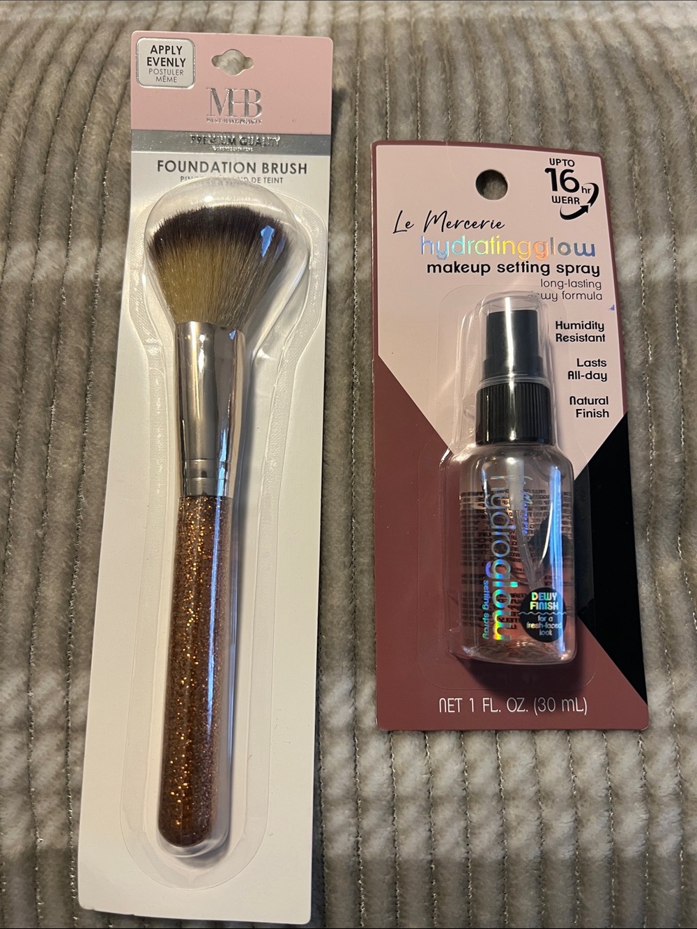 Foundation Brush with Rose Gold Glitter Handle - Brown Bristles And makeup spray